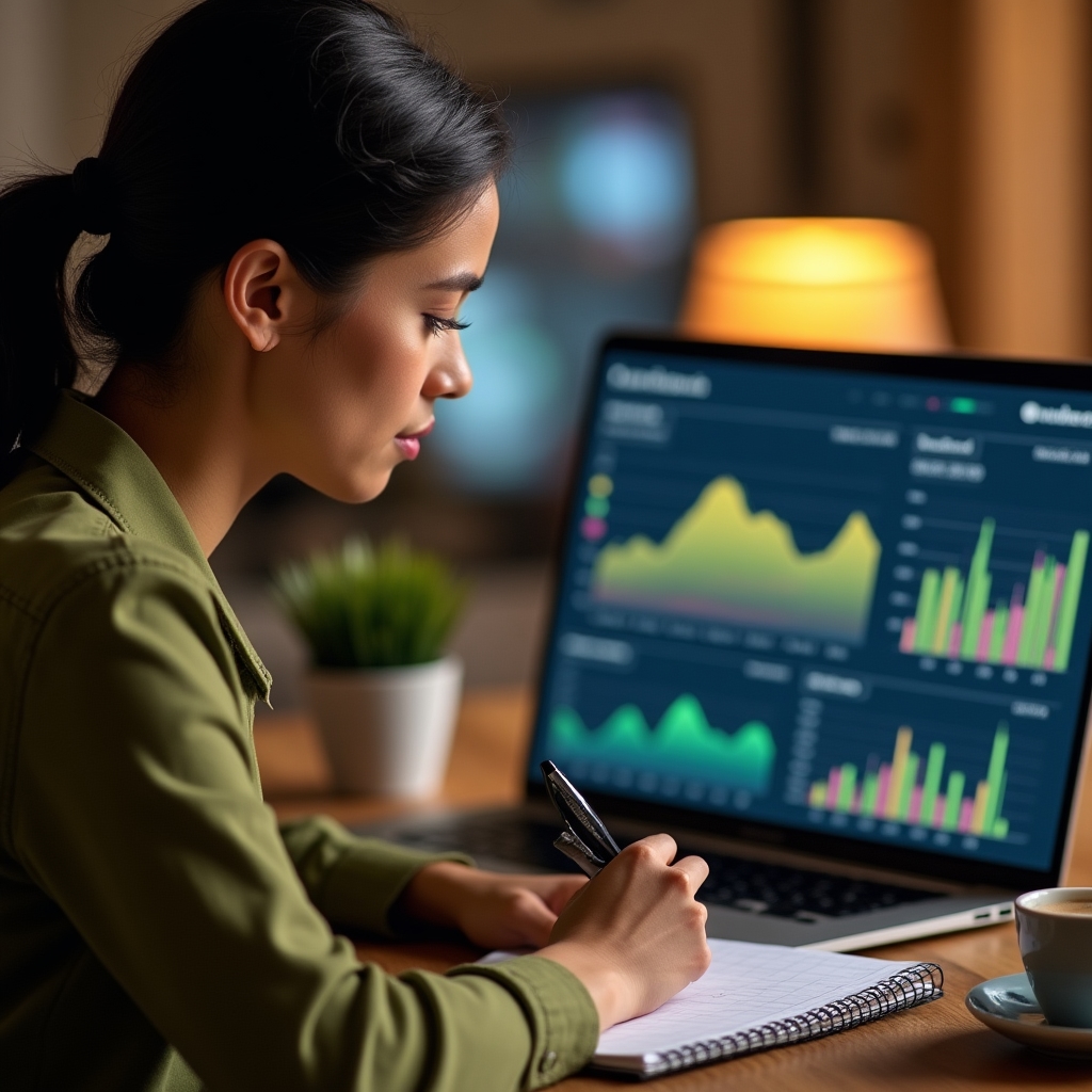 Founder reviewing financial indicator dashboard on laptop during training session