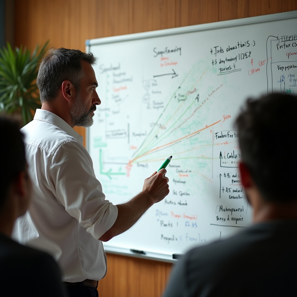 Scenario planning exercise on whiteboard showing financial projections for impact business